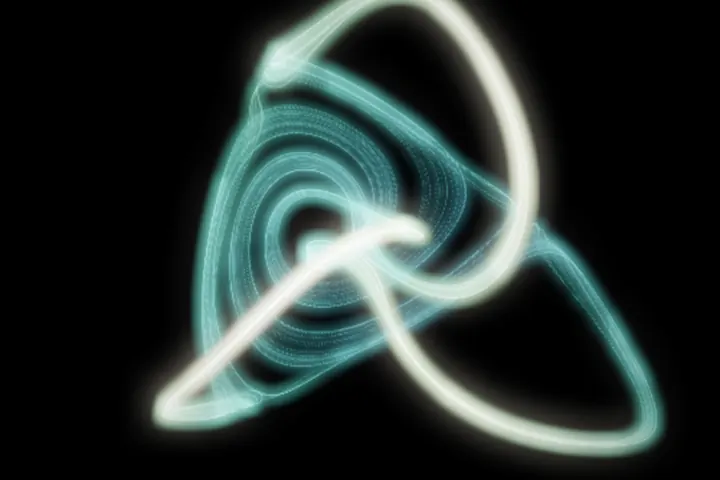 A still of Gyre running in a browser: glowing trails of light drawn from math equations.